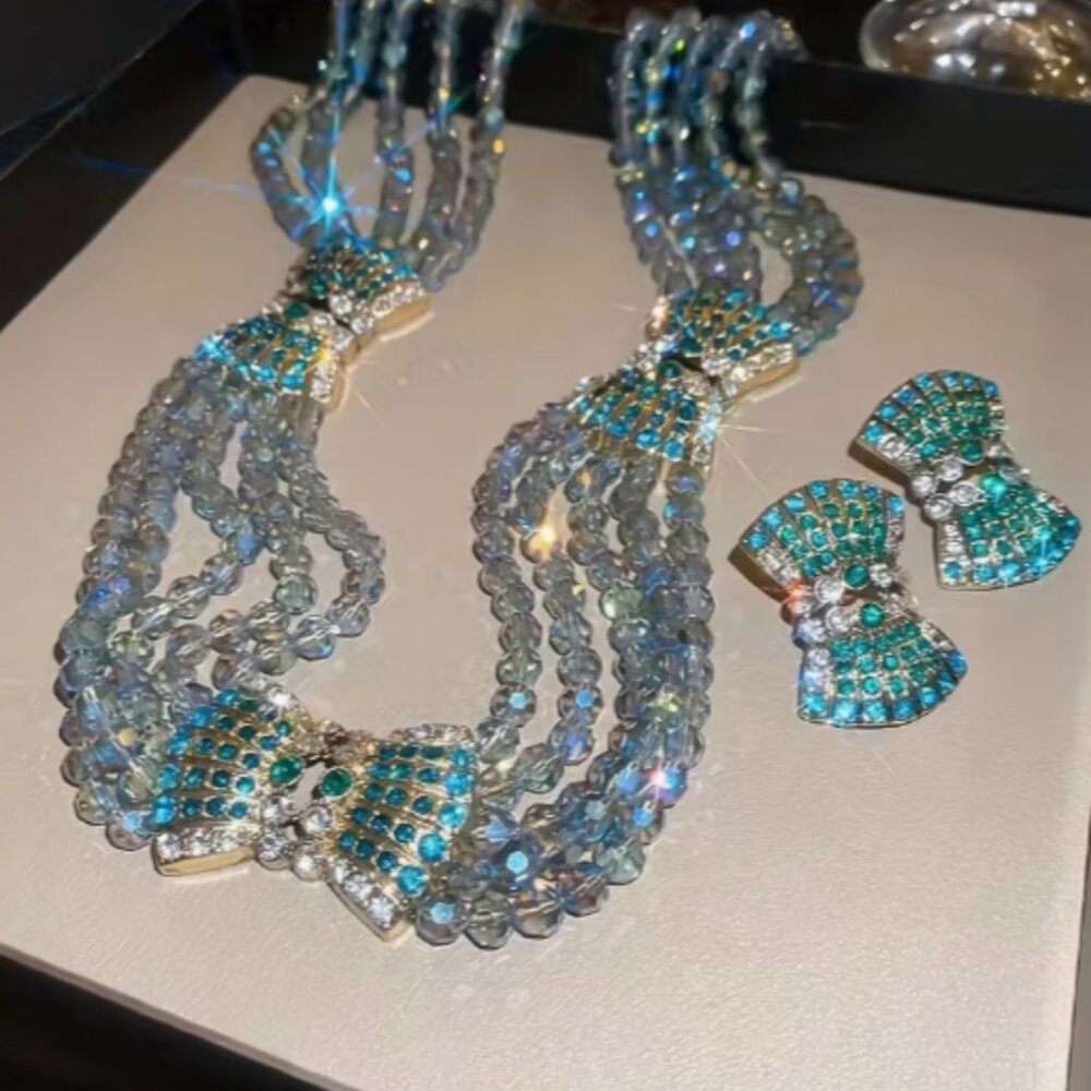 Blue Multi-Strand Beaded Statement Necklace & Earrings Set Glam Rhinestone Bow
